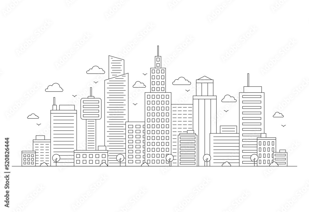 Outline sketch of black town background. Vector illustration isolated on white background.