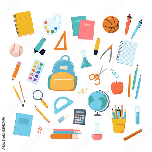 Back to school supplies collection. Set of colored stationery, backpack, textbooks, notebooks, sports equipment, drawing, chemical flasks. Flat Cartoon Vector Illustrations.