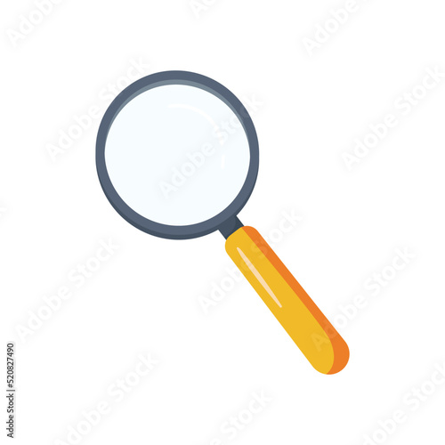 Cartoon magnifying glass icon on white background. Flat vector illustration