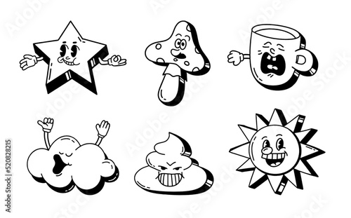 A set of retro cartoon characters from the 30s. Vintage comic smile black and white vector illustration