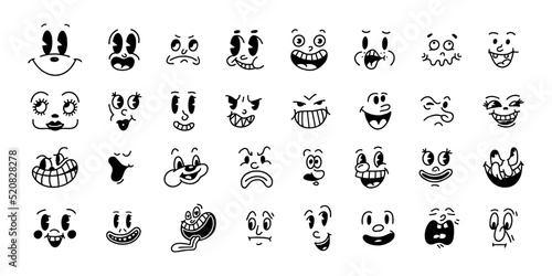 Smiley face retro emoji. Faces of cartoon characters from the 30s. Vintage comic smile vector illustration