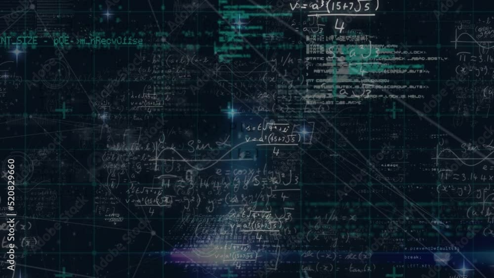 Animation of mathematical equations and network of connections over data processing Animation of mathematical equations and network of connections over data processing