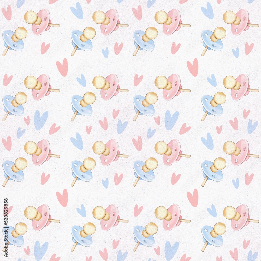 Simple hand drawn seamless pattern of pink and blue pacifiers and hearts.
