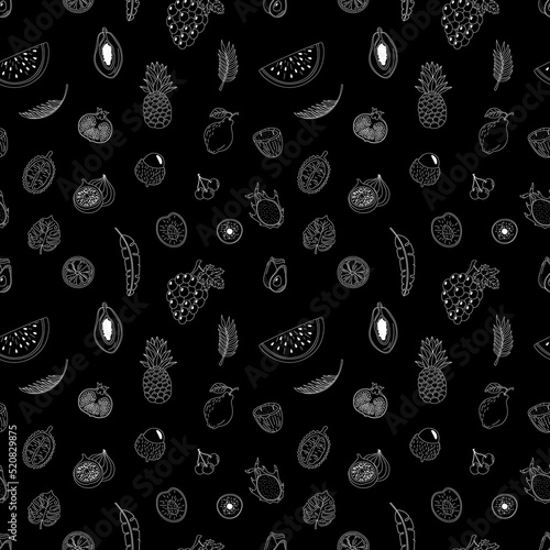 Seamless pattern with hand-drawn tropical fruits. Grapes, watermelon, dragon fruit and others. photo