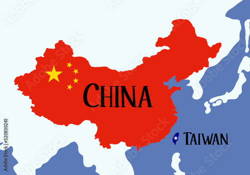 The military conflict between China and Taiwan. The countries on the map. The symbol of the flags. Vector conceptual illustration