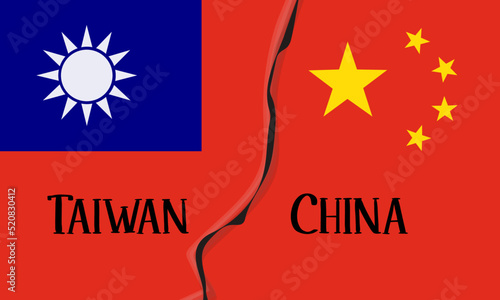 The military conflict between China and Taiwan. Flags of countries divided by contradictions. Vector conceptual illustration
