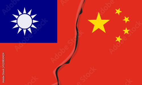The military conflict between China and Taiwan. Flags of countries divided by contradictions. Vector conceptual illustration