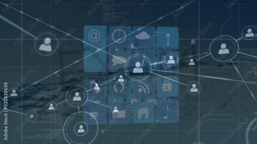 Animation of icons and network of connections over landscape Animation of icons and network of connections over landscape