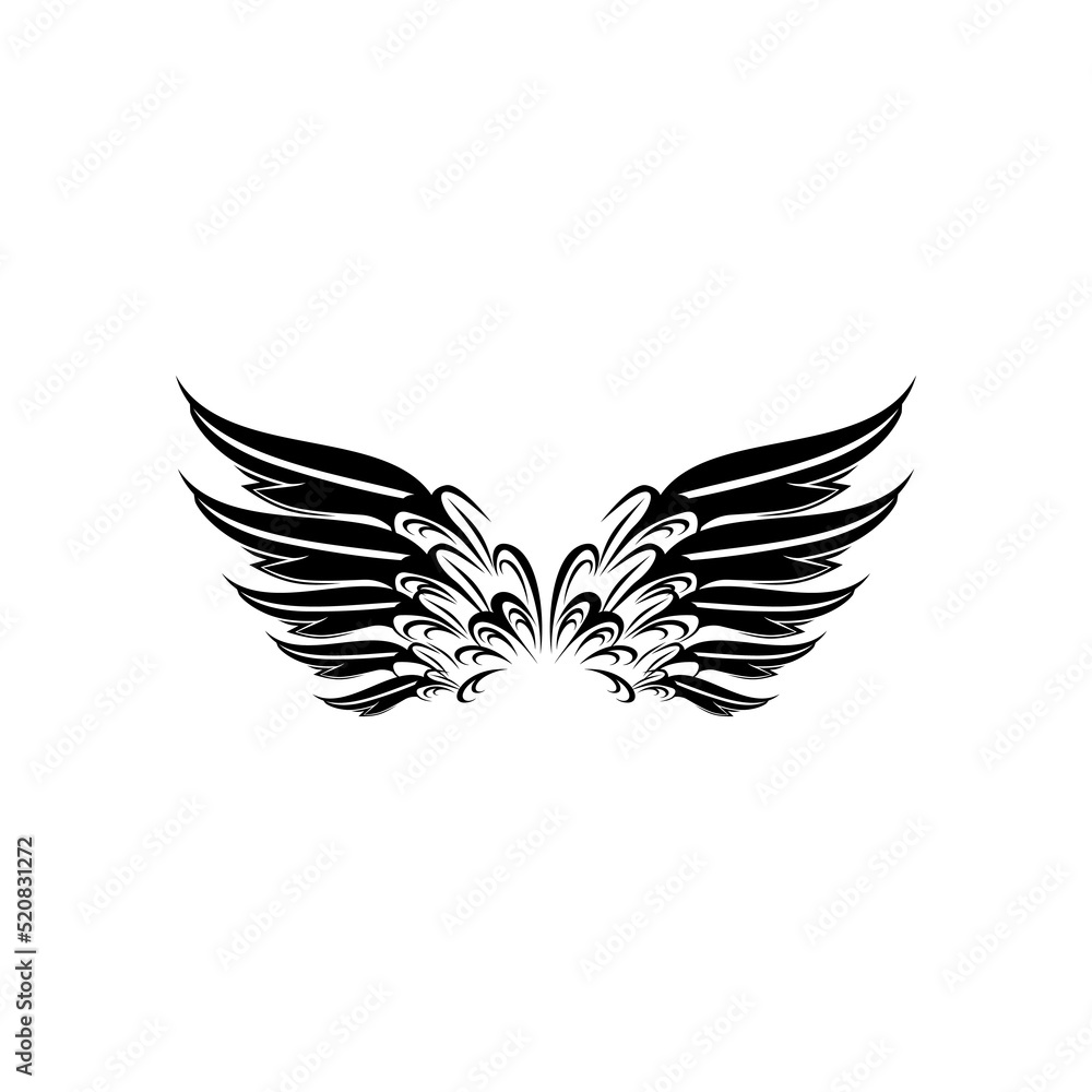A pair of bird wings. Angel. Vector illustration for tattoo. Element for wood carving.