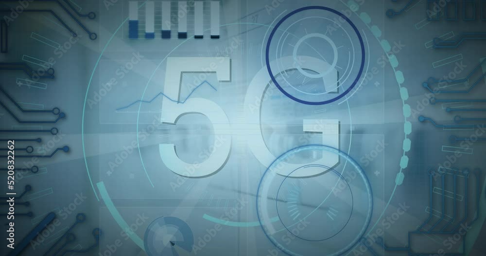 Animation of 5g text and data processing over grey background Animation of 5g text and data processing over grey background