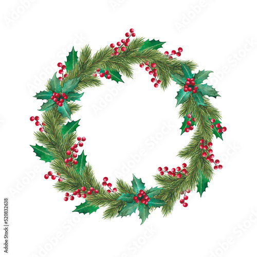 Decorative Christmas wreath with pine branches and mistletoe. Watercolor round border.