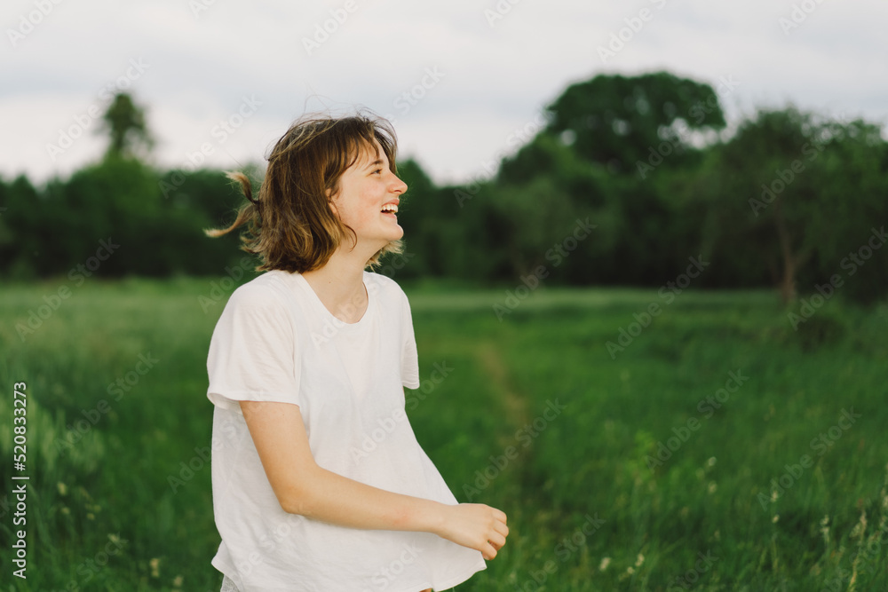 Portrait Of Teenager Girl. Happy Cheerful Teen Girl With Pronounced