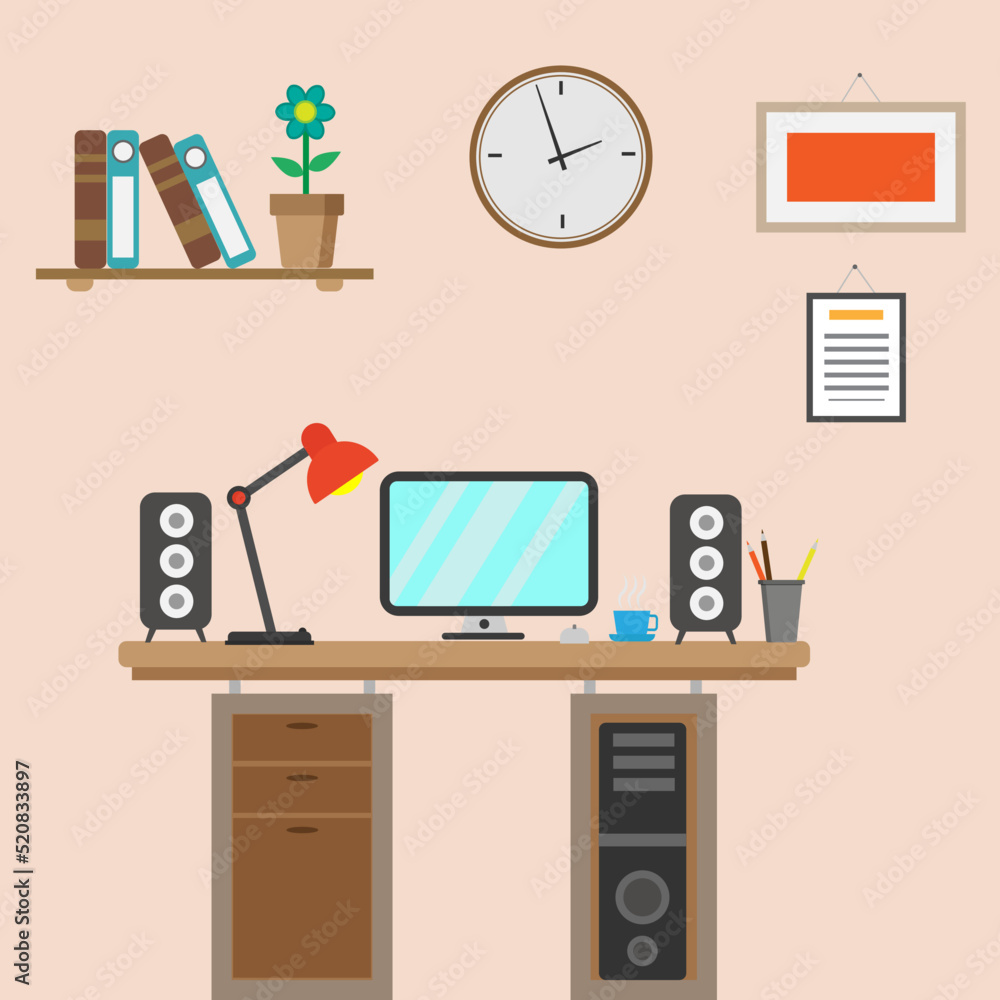 Desktop computer with monitor, speakers, keyboard, table lamp, clock, flowers? books and mouse. Flat style vector illustration. Desktop computer with monitor, speakers, keyboard, table lamp, clock, flowers? books and mouse. Flat style vector illustration.