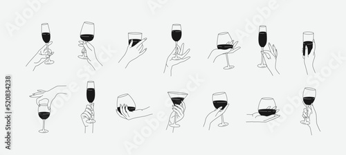 Collection of different woman hands gestures hold wineglass or drink cocktails. Minimal linear trendy style. Line icons or symbol of female hand for logo in restaurant or bar. Vector