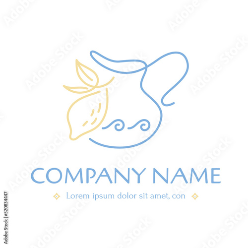 Logotype with jug for oil or wine and lemon in greek style, vector isolated line art illustration.