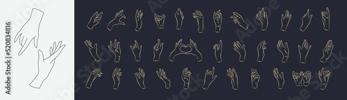 Set of Vector female beauty hands silhouette. Editable outline stroke size. Line flat contour, thin and linear design. Simple icons. Concept illustration.