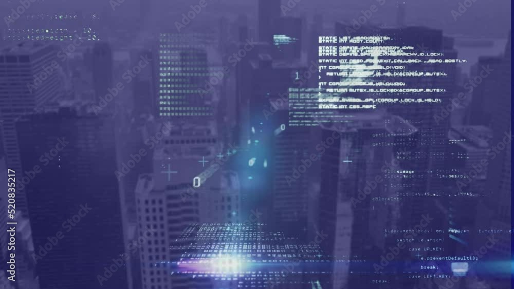 Animation of data processing and light trails over cityscape Animation of data processing and light trails over cityscape
