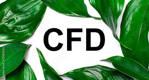 Against the background of green natural leaves, a white card with the text CFD Contract for Difference