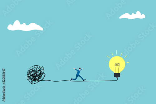 businessman running away from mess chaos line to simple lightbulb idea. concept of find solution, thinking process and problem solving