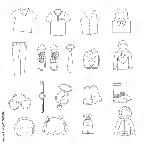 Accessory  Fashion Line Icons. Vector Illustration Included Icon as Footwear  High Heels Shoes  Bow Tie  Backpack  Knitted Clothes  and other Apparel Flat Pictogram for Cloth Store.