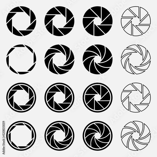 Set of isolated symbols of camera lens apertures, photo lens aperture, camera shutter silhouette icon and shutter aperture pictogram, lomography film lenses or snap optics lenses.