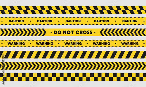 Set of yellow with black warning tapes isolated on white background, warning tape, dangerous tape, tape under construction, vector illustration. © RP