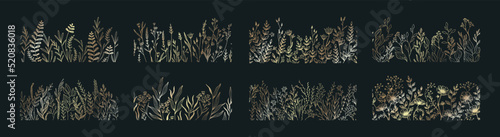 Set of botanical bakground, floral branch and leaves. Vintage foliage for wedding invitation, wall art or card template. Minimal line art drawing. Vector