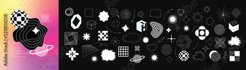 Retrofuturistic geometry design elements collection. Cyber neo futuristic style 80s 90s glitch brutalism shapes, minimalist geometric elements, abstract bauhaus. Minimalist star and flower forms