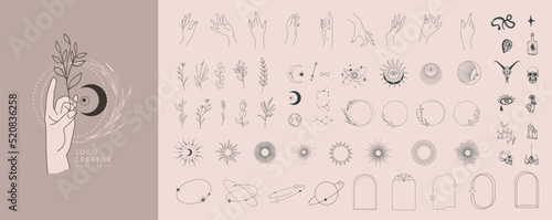 Logo design creator with different frames, floral elements and hand gestures. Magic objects in a minimalistic linear style elements set isolated on background. Vector minimal trendy