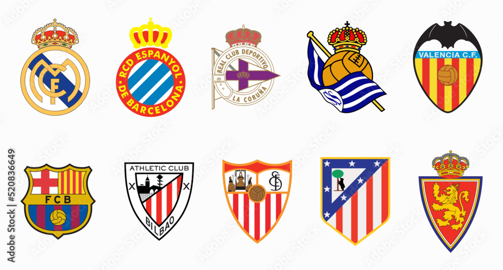 Most successful spanish football clubs logo collection: Real Madrid , FC  Barcelona, Athletic Bilbao, Atlético Madrid, Valencia, Sevilla, Real  Zaragoza, Deportivo, Real Sociedad, Editorial vector. vector de Stock |  Adobe Stock