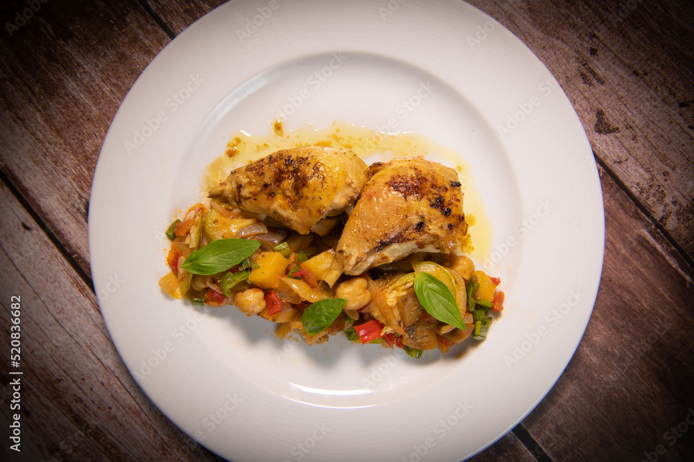 Recipe for grilled basquaise chicken with vegetables in ratatouille. High quality photo Recipe for grilled basquaise chicken with vegetables in ratatouille. High quality photo