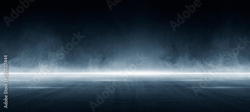 A dark empty street, dark blue background, an empty dark scene, neon light, spotlights The asphalt floor and studio room with smoke float up the interior texture. night view