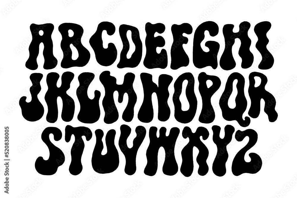 Hippie bohemian groovy postmodern funky font alphabet 1960s boho psychedelic style. Perfect for posters, collages, clothing, music albums and more. Vector clipart illustrations, isolated letters. Hippie bohemian groovy postmodern funky font alphabet 1960s boho psychedelic style. Perfect for posters, collages, clothing, music albums and more. Vector clipart illustrations, isolated letters.