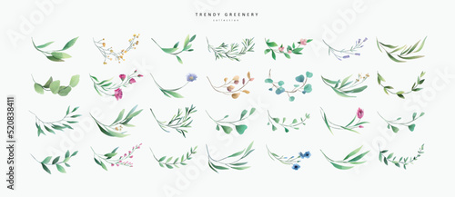 Floral branch and minimalist flowers for logo or tattoo. Hand drawn line wedding herb, elegant leaves for invitation save the date card. Botanical rustic trendy greenery
