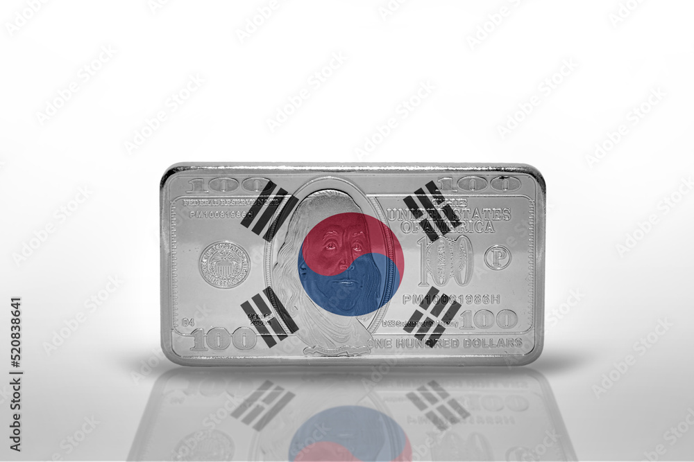 national flag of south korea on the dollar money banknote on the white background . national flag of south korea on the dollar money banknote on the white background .