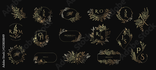 Set of wedding monogramm, botanical floral branch and frames. Botanical vintage foliage for wedding invitation, wall art or card template. Minimal line art drawing