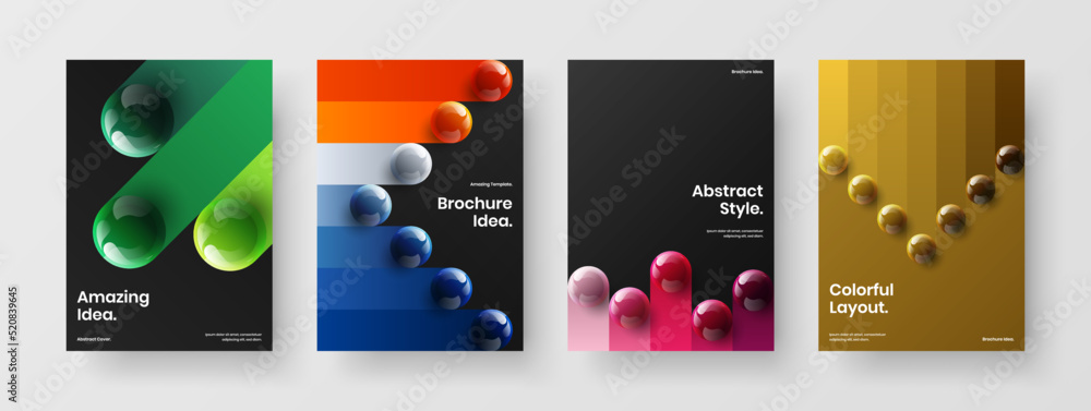 Geometric pamphlet vector design illustration composition. Fresh realistic spheres company cover template set.