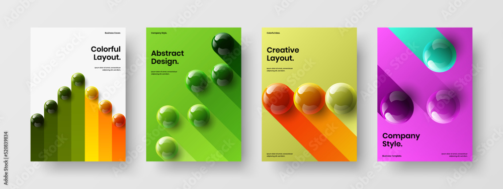 Clean realistic spheres pamphlet concept collection. Minimalistic booklet design vector layout composition.