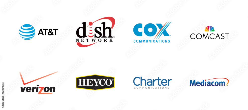 Secretario demostración pivote Top largest cable companies logo collection: AT&T, Charter Communications,  Comcast, Dish Network, Verizon, Cox Communications, Mediacom  Communications, Heyco, editorial vector. vector de Stock | Adobe Stock