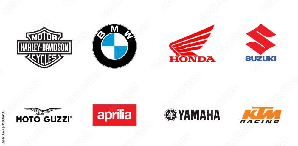 Top motorcycle brand logo collection: Yamaha, Honda, Suzuki, Moto Guzzi,  KTM Racing, Editorial vector. Stock Vector | Adobe Stock