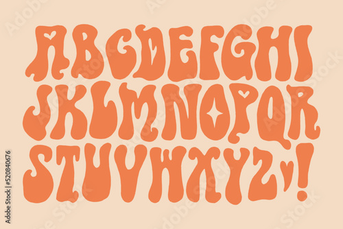 Hippie bohemian groovy postmodern funky font alphabet 1960s boho psychedelic style. Perfect for posters, collages, clothing, music albums and more. Vector clipart illustrations, isolated letters.