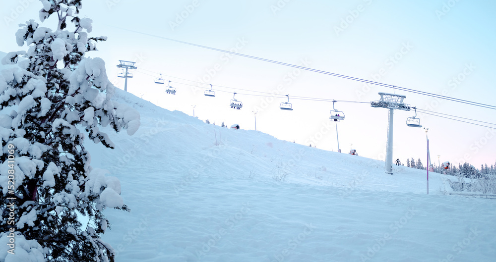 ski resort, toboggan run, funicular cabins go uphill, beautiful winter landscape, concept holiday in lapland, winter sports, clean frosty air walks, New Year's fairy tale, wallpaper background
