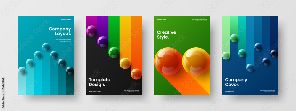 Fresh realistic spheres company cover illustration set. Abstract presentation design vector concept collection.