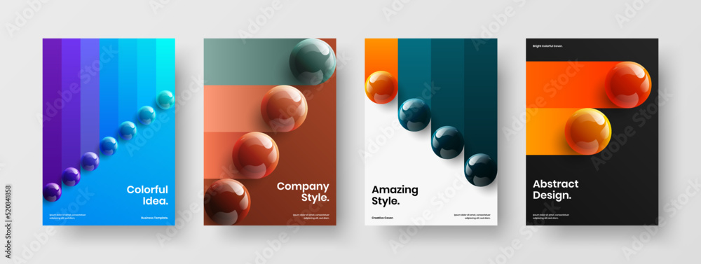 Colorful annual report A4 vector design illustration bundle. Simple realistic spheres journal cover template collection.