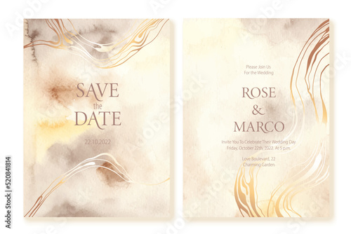 Set of watercolor abstract backgrounds, textures. Soft natural shades, beige, yellow, brown colors. Marble imitation. Design for card, invitation, cover.