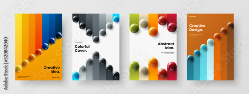 Unique company cover A4 design vector layout collection. Clean realistic spheres handbill template set.