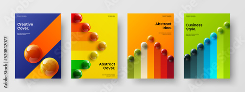 Abstract company identity A4 vector design concept set. Colorful 3D balls catalog cover layout bundle.