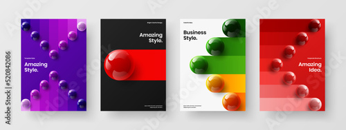 Amazing journal cover A4 vector design concept collection. Minimalistic realistic balls brochure illustration set.