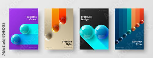 Fresh pamphlet vector design illustration collection. Creative realistic spheres magazine cover concept composition.