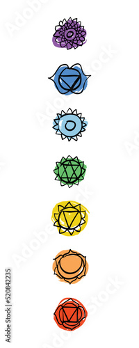 Hand drawn chakra symbols set. Sacred geometry boho chakras system icons. Vector illustration.